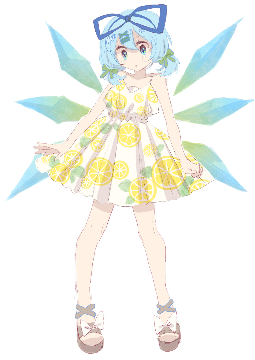 1girl :o absurdres alternate_costume alternate_footwear alternate_hairstyle ankle_lace-up aqua_eyes bangs bare_arms bare_shoulders blue_bow blue_eyes blue_hair blue_hairband blue_wings bow brown_footwear cirno clenched_hand collarbone contemporary cross-laced_footwear detached_wings dress eyebrows_visible_through_hair food_print footwear_bow full_body gradient gradient_wings green_bow hair_between_eyes hair_bow hair_ornament hairband hairclip head_tilt highres legs_apart lemon_print looking_at_viewer low_twintails multicolored_wings open_hand parted_lips pleated_dress print_dress sandals shocho_(shaojiujiu) short_dress short_hair short_twintails simple_background sleeveless sleeveless_dress solo spaghetti_strap standing sundress touhou twintails white_background white_bow white_dress wings wrist_extended x_hair_ornament