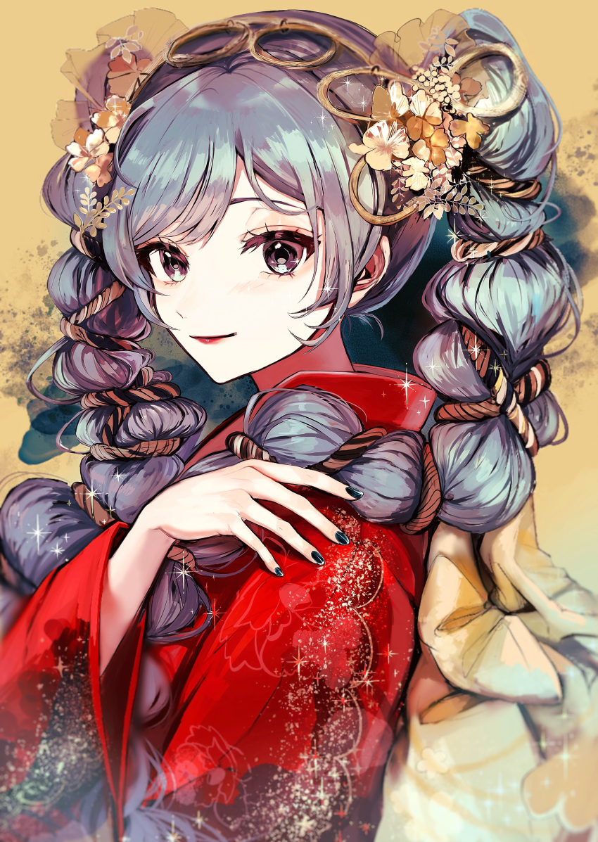 1girl absurdres bangs black_eyes black_nails blue_hair blush brown_background closed_mouth commentary english_commentary flower hair_flower hair_ornament hand_up hatsune_miku highres japanese_clothes kimono lipstick long_hair long_sleeves looking_at_viewer makeup multi-tied_hair nail_polish pipi red_kimono rope smile solo sparkle swept_bangs vocaloid wide_sleeves
