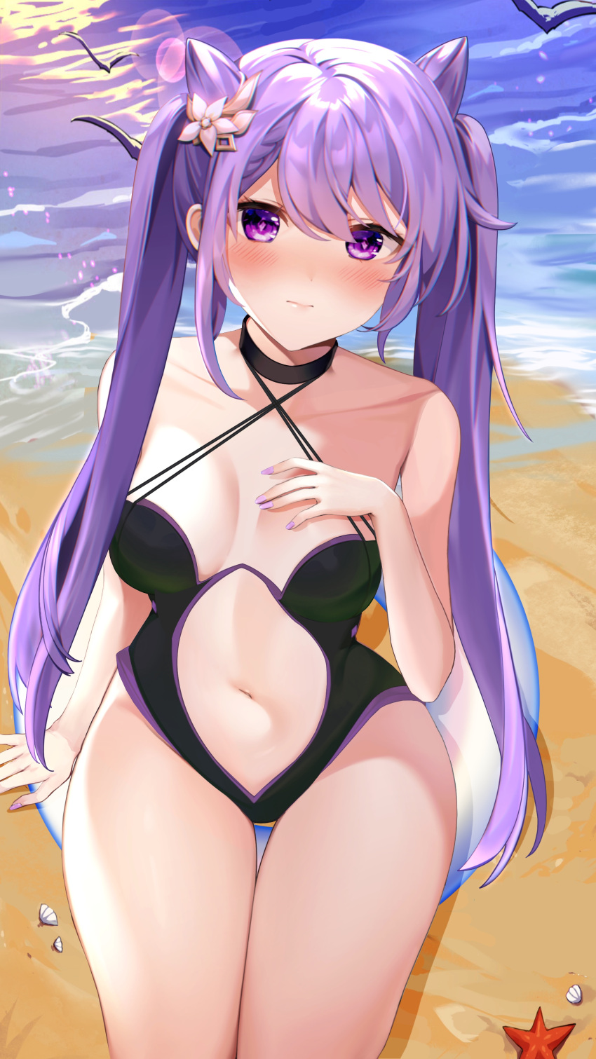 1girl absurdres animal_ears bangs bare_legs beach black_swimsuit blush breasts chinese_commentary cleavage closed_mouth collarbone flower genshin_impact hair_flower hair_ornament hand_on_own_chest highres innertube keqing_(genshin_impact) lens_flare long_hair nail_polish navel niduannowu ocean outdoors purple_eyes purple_hair sand seashell shell sitting small_breasts solo starfish swimsuit thighs twintails