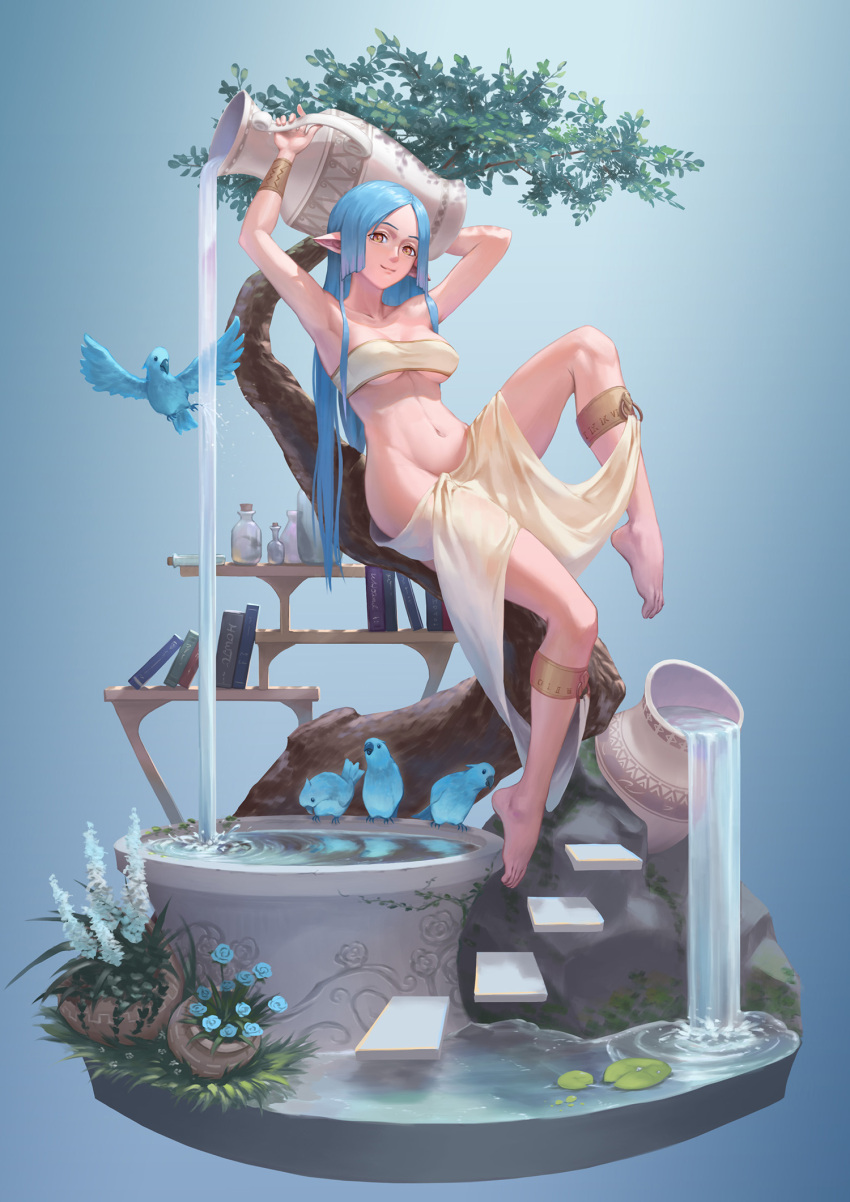 1girl aquarius armpits arms_up bangs bird blue_hair book bookshelf breasts brown_eyes closed_mouth cockatoo flower full_body greek_clothes highres jrajazon long_hair looking_at_viewer medium_breasts navel original parted_bangs pointy_ears revealing_clothes sarong smile solo spilling vase