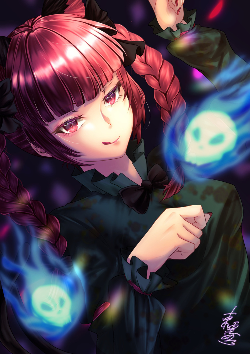 1girl :q animal_ears bangs black_bow black_bowtie blue_fire blunt_bangs blurry bokeh bow bowtie braid cat_ears dark_background depth_of_field dress dutch_angle extra_ears eyebrows_behind_hair fire flaming_skull floating_skull ghost green_dress hands_up highres hitodama kaenbyou_rin licking_lips long_hair mononobe_kanako nail_polish paw_pose red_eyes red_hair red_nails skull slit_pupils solo sparkle_background subterranean_animism tongue tongue_out touhou twin_braids twintails upper_body