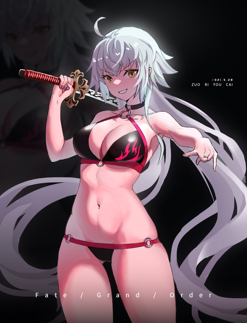 1girl absurdres ahoge artist_name bikini black_bikini black_choker breasts cameltoe choker contrapposto cowboy_shot ctrl+z dated eyebrows_visible_through_hair fate_(series) grin hair_between_eyes halter_top halterneck highres holding holding_sword holding_weapon jeanne_d'arc_(alter_swimsuit_berserker)_(fate) jeanne_d'arc_(fate) katana large_breasts long_hair looking_at_viewer navel o-ring o-ring_bikini over_shoulder pointing pointing_at_viewer smile solo stomach swimsuit sword sword_over_shoulder v-shaped_eyebrows very_long_hair weapon weapon_over_shoulder white_hair yellow_eyes zoom_layer