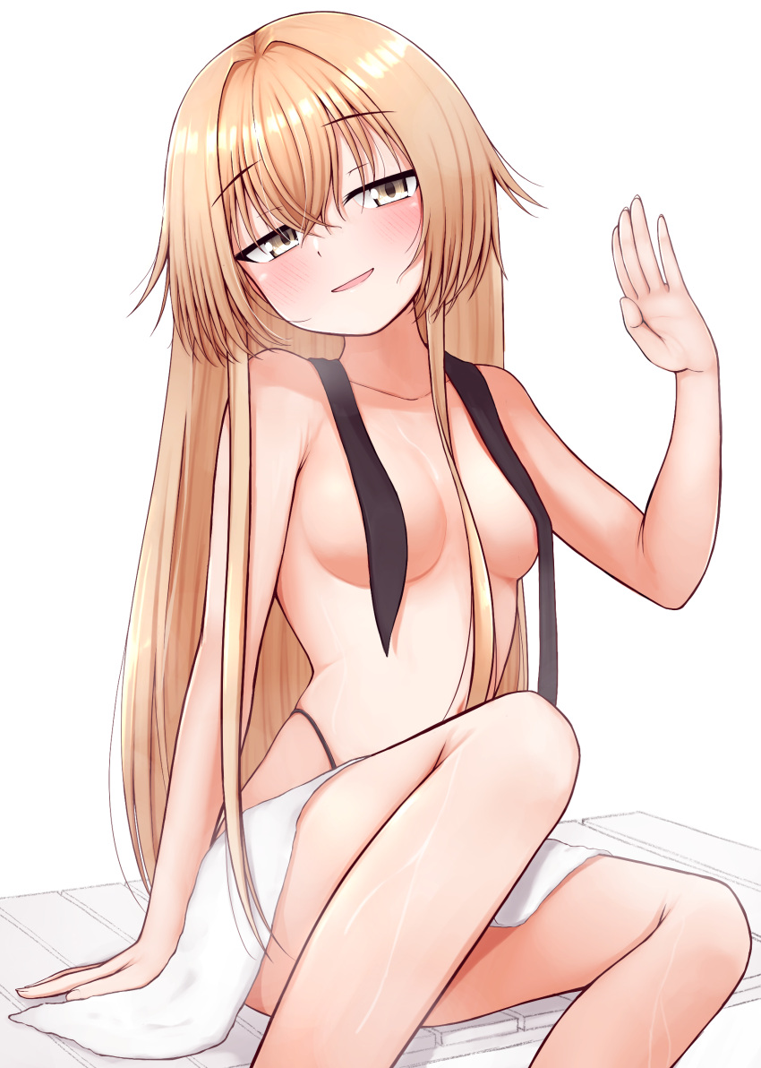 1girl absurdres black_panties blonde_hair blush breasts collarbone eyebrows_visible_through_hair feet_out_of_frame hair_between_eyes highleg highleg_panties highres kantai_collection long_hair naughty_face open_mouth panties shimakaze_(kancolle) simple_background small_breasts smile solo tiemu_(man190) towel underwear white_background yellow_eyes