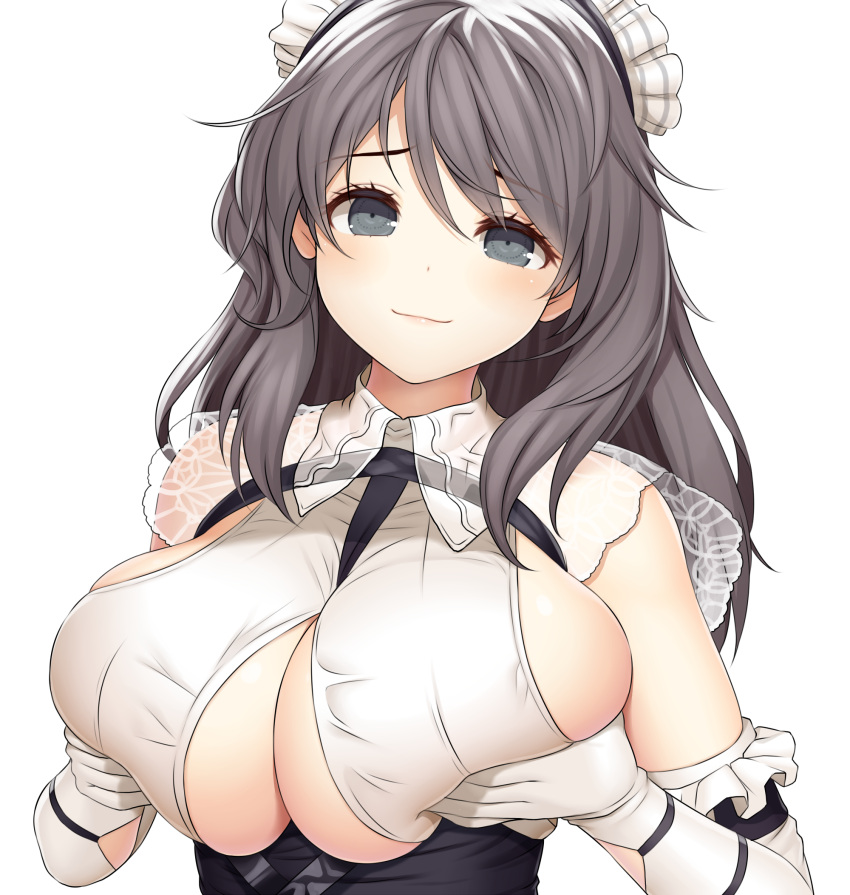 1girl asamura_hiori azur_lane bangs bare_shoulders black_hair blush breast_lift breasts charybdis_(azur_lane) cleavage cleavage_cutout closed_mouth clothing_cutout commentary_request elbow_gloves eyebrows_visible_through_hair frilled_gloves frills gloves grey_eyes highres huge_breasts large_breasts long_hair looking_at_viewer maid_headdress revision sideboob simple_background smile solo underbust upper_body white_background white_gloves