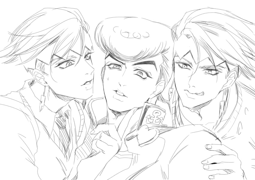 3boys diamond_wa_kudakenai dual_persona earrings gakuran grabbing_another's_chin hand_on_another's_chin headband higashikata_josuke jewelry jojo_no_kimyou_na_bouken kishibe_rohan licking_lips male_focus monochrome multiple_boys necktie pompadour school_uniform sketch sumo_(komokomo1201) sweater_vest tongue tongue_out undercut yaoi