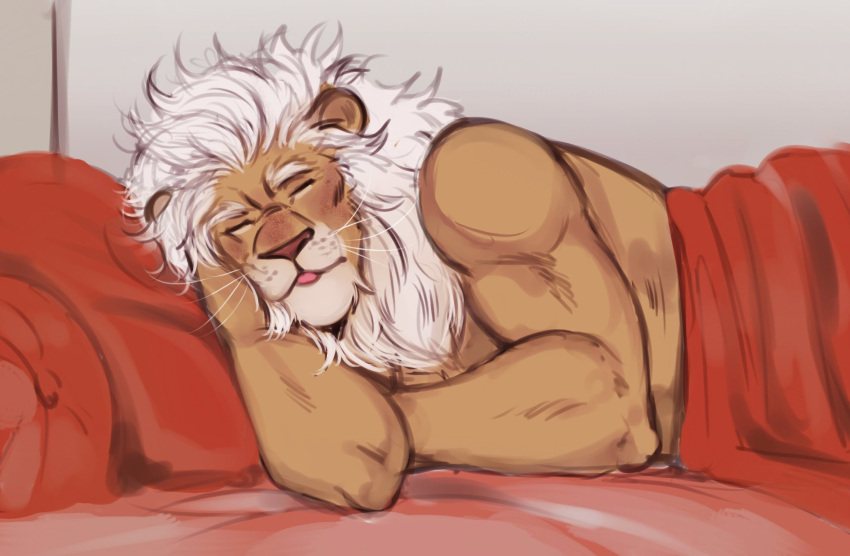 2022 anthro bare_chest bed bed_covers bedding blep clay_calloway_(sing) digital_media_(artwork) eyes_closed felid fur furniture hand_under_head hi_res illumination_entertainment lion lying male mammal mane mature_anthro mature_male on_bed on_side pantherine sing_(movie) sleeping solo tan_body tan_fur tongue tongue_out under_covers vhkansfweer whiskers white_mane