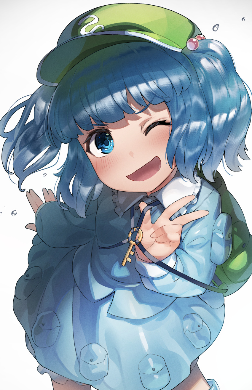 1girl absurdres bag bangs blue_dress blue_eyes blue_footwear blue_hair blush boots breasts collared_dress dress eyebrows_visible_through_hair frills green_bag green_headwear grey_background hair_bobbles hair_ornament hand_up hat highres kawashiro_nitori key key_necklace long_sleeves looking_at_viewer medium_breasts monosenbei one_eye_closed open_mouth pocket short_hair short_twintails simple_background smile solo standing touhou twintails v water_drop white_background