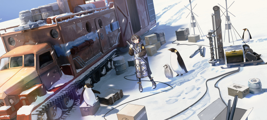 1girl absurdres arknights barrel bird black_hair boots box cardboard_box day gloves highres magallan_(arknights) medium_hair open_mouth penguin shadow smile snow snowmobile solo standing xiaomai_yorik yellow_eyes