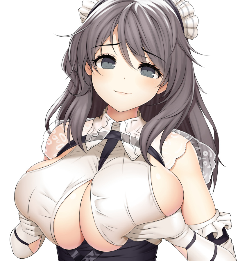 1girl asamura_hiori azur_lane bangs bare_shoulders blush breast_hold breasts brown_hair charybdis_(azur_lane) cleavage grey_eyes highres huge_breasts large_breasts long_hair looking_at_viewer maid_headdress sideboob smile solo