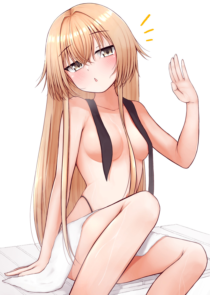 1girl absurdres black_panties blonde_hair blush breasts collarbone eyebrows_visible_through_hair feet_out_of_frame hair_between_eyes highleg highleg_panties highres kantai_collection long_hair open_mouth panties shimakaze_(kancolle) simple_background small_breasts solo tiemu_(man190) towel underwear white_background yellow_eyes