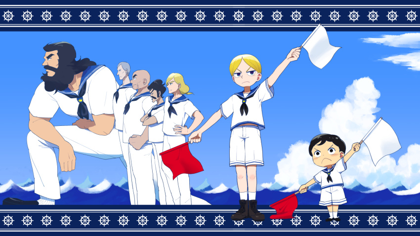 6+boys aboutama alternate_costume apis_(ousama_ranking) bald beard bebinn blonde_hair blue_eyes bojji bosse_(ousama_ranking) child daida domas dorshe facial_hair flag from_side giant giant_male grey_hair height_difference highres holding holding_flag long_beard male_focus multiple_boys muscular muscular_male mustache ousama_ranking sailor sailor_collar sailor_shirt shirt short_hair thick_eyebrows