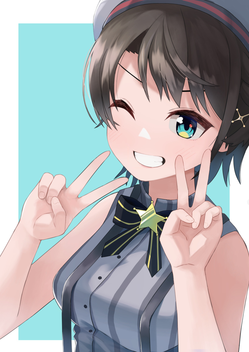 1girl absurdres blue_eyes blush breasts brown_hair double_v eyebrows_visible_through_hair grin highres hololive large_breasts looking_at_viewer one_eye_closed oozora_subaru parted_lips punikiman short_hair sleeveless smile solo teeth upper_body v