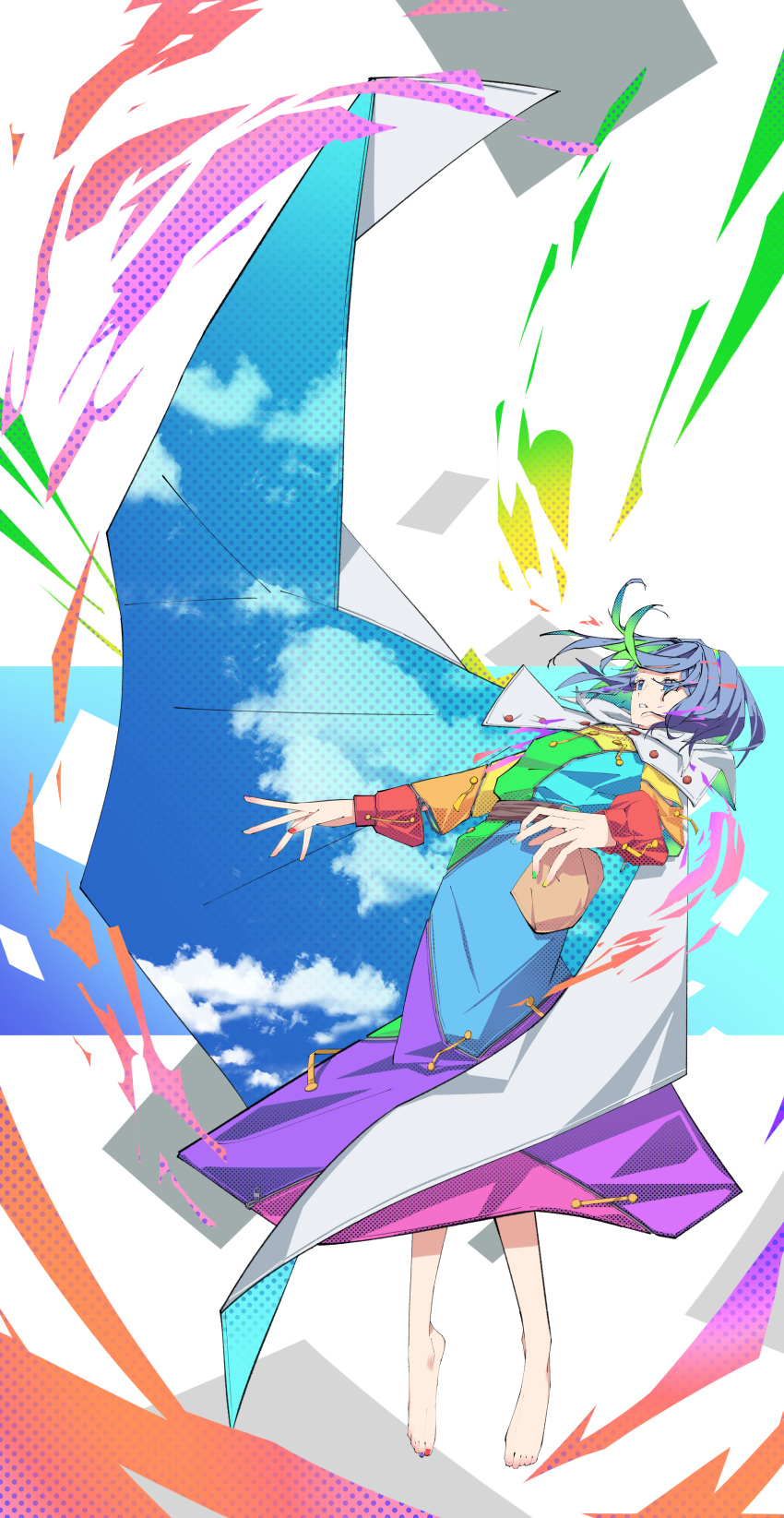 1girl absurdres blue_eyes blue_hair cape cloak dauchimk_1113 dress highres multicolored_clothes multicolored_dress multicolored_hairband patchwork_clothes rainbow_gradient red_button short_hair sky_print solo tenkyuu_chimata touhou two-sided_cape two-sided_fabric white_cloak zipper