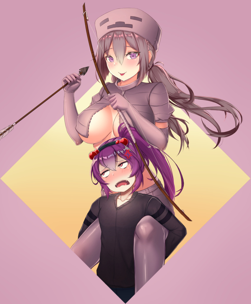 2girls anger_vein annoyed arrow_(projectile) blush bow_(weapon) breasts carrying cleavage closed_mouth collarbone destinyplayer1 elbow_gloves eyebrows_visible_through_hair gloves grey_gloves grey_hair grey_legwear hair_bobbles hair_ornament highres holding holding_arrow holding_bow_(weapon) holding_weapon large_breasts long_hair long_sleeves looking_at_viewer looking_away minecraft multiple_girls personification piggyback pink_eyes ponytail purple_hair red_eyes short_sleeves skeleton_(minecraft) smile spider_(minecraft) spider_jockey_(minecraft) thighhighs tongue tongue_out weapon