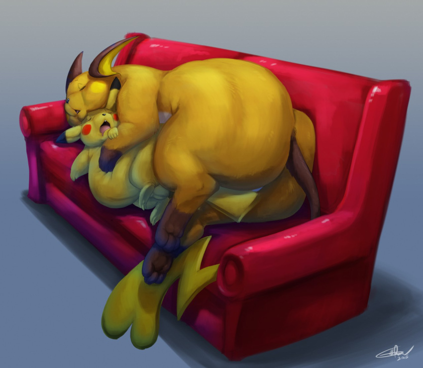 anthro belly big_butt butt cocoa_(cheesecaker) duo embrace fan_character female feral fur furniture gillpanda hand_on_stomach hug male male/female mammal nintendo nude obese obese_anthro obese_female overweight overweight_anthro overweight_female pikachu pok&eacute;mon pok&eacute;mon_(species) raichu rodent size_difference sleeping sofa sparks_(cheesecaker) thick_thighs video_games yellow_body yellow_fur