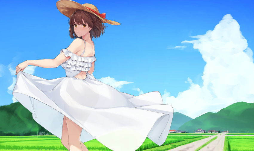1girl bangs blue_sky brown_eyes brown_hair closed_mouth clothes_lift cloud commentary_request cumulonimbus_cloud day dress dress_lift eyebrows_visible_through_hair field frills hat hat_ribbon highres house katou_megumi lifted_by_self looking_at_viewer mountainous_horizon outdoors power_lines rebutsu ribbon road rural saenai_heroine_no_sodatekata short_hair sky smile solo standing straw_hat sun_hat sundress torii vanishing_point white_dress