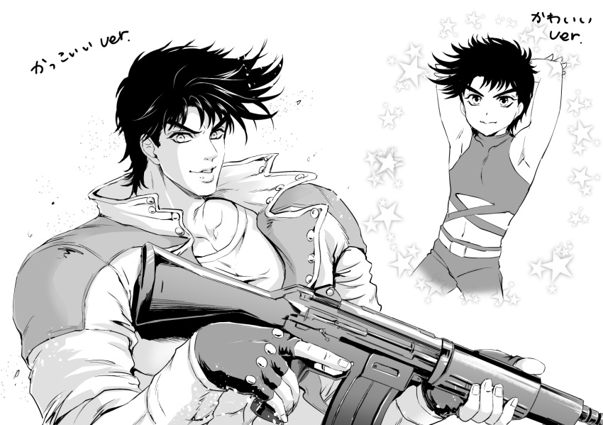 2boys adapted_costume child crop_top dual_persona fingerless_gloves gloves greyscale gun highres jojo_no_kimyou_na_bouken joseph_joestar joseph_joestar_(young) male_focus midriff monochrome multiple_boys submachine_gun sumo_(komokomo1201) thompson_submachine_gun translated trigger_discipline weapon weapon_request younger