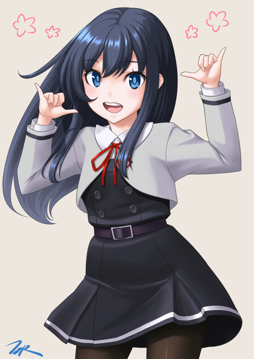 1girl asashio_(kancolle) asashio_(kancolle)_(cosplay) asashio_kai_ni_(kancolle) belt black_hair black_legwear blue_eyes commentary_request cosplay cowboy_shot dress eyebrows_visible_through_hair flat_chest hair_between_eyes highres jacket kantai_collection long_hair long_sleeves looking_at_viewer neck_ribbon neckerchief open_mouth pantyhose pinafore_dress red_neckerchief ribbon shaka_sign shiny shiny_clothes shiny_legwear shirt signature simple_background smile solo t2r white_background white_jacket white_shirt