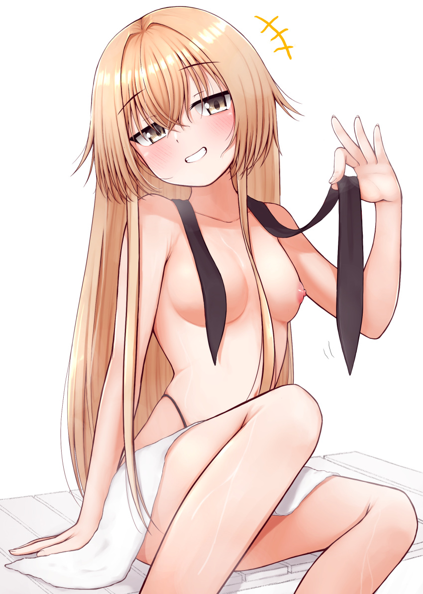 1girl absurdres black_panties blonde_hair blush breasts collarbone eyebrows_visible_through_hair feet_out_of_frame grin hair_between_eyes highleg highleg_panties highres kantai_collection long_hair panties shimakaze_(kancolle) simple_background small_breasts smile solo tiemu_(man190) towel underwear white_background yellow_eyes