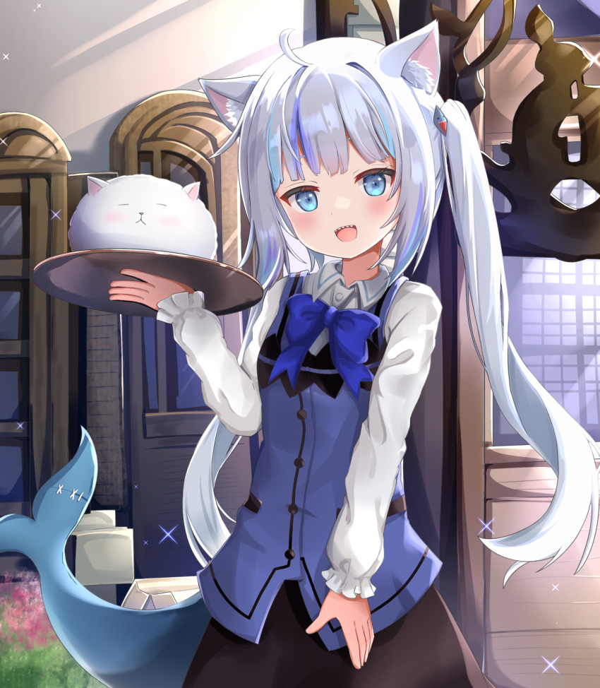 1girl :d ahoge angora_rabbit animal animal_ear_fluff animal_ears bangs black_skirt blue_bow blue_eyes blue_hair blue_vest blush bow bunny cat_ears closed_eyes collared_shirt commentary_request cosplay crossover dress_shirt eyebrows_behind_hair fish_tail gawr_gura hair_intakes hair_ornament head_tilt highres holding holding_tray hololive hololive_english indoors kafuu_chino kafuu_chino_(cosplay) long_hair looking_at_viewer multicolored_hair nekopurin_(nyanko_prin) rabbit_house_uniform shark_tail sharp_teeth shirt silver_hair skirt smile sparkle streaked_hair tail teeth tippy_(gochiusa) tray twintails uniform very_long_hair vest virtual_youtuber waitress white_shirt