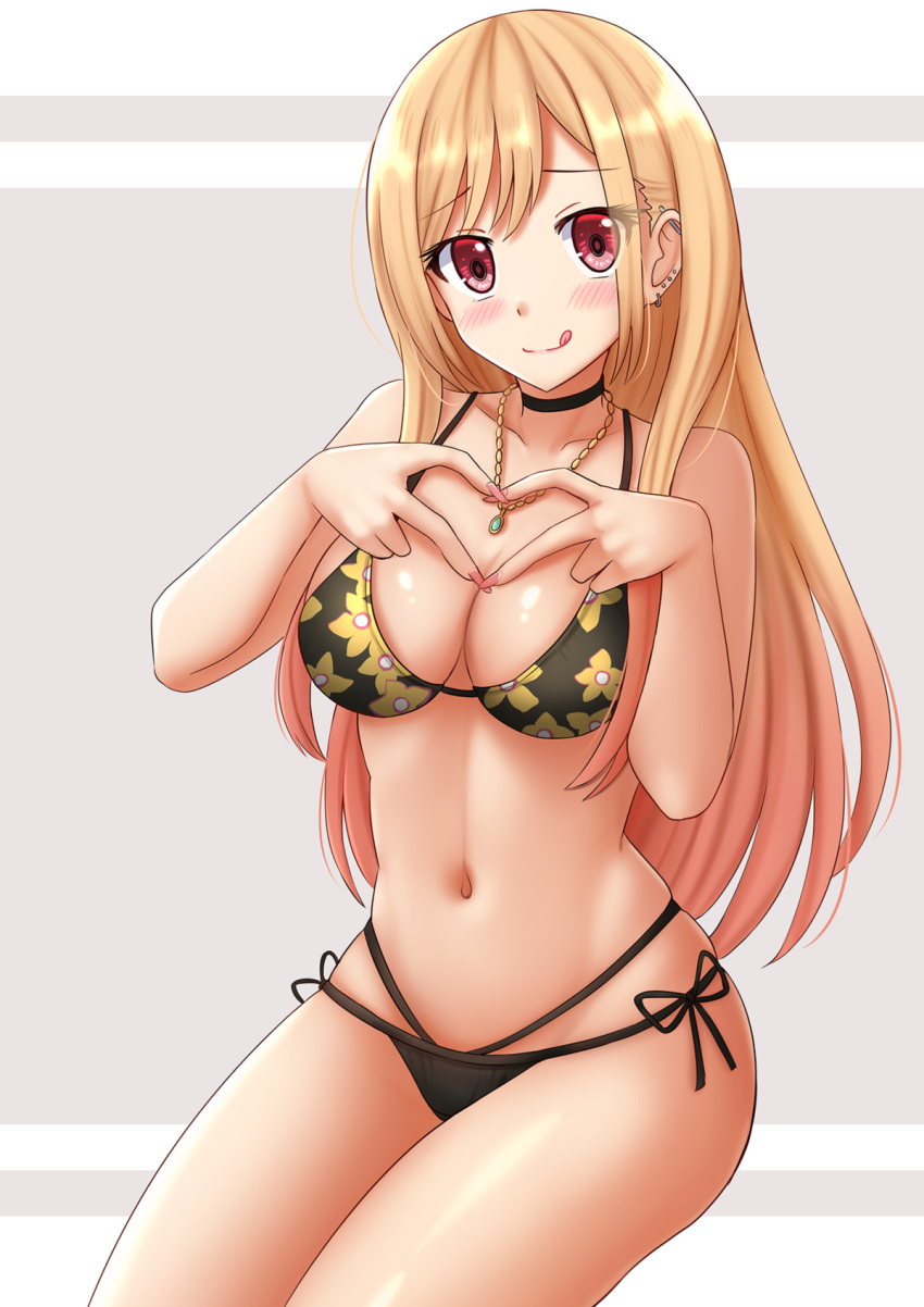 1girl :q bangs bare_arms bare_shoulders bikini black_bikini blonde_hair blush breasts cleavage closed_mouth commentary ear_piercing earrings eyebrows_visible_through_hair floral_print grey_background hands_up heart heart_hands highres jewelry kazenokaze kitagawa_marin long_hair looking_at_viewer medium_breasts multi-strapped_bikini navel piercing print_bikini red_eyes side-tie_bikini sitting skindentation smile solo sono_bisque_doll_wa_koi_wo_suru swimsuit tongue tongue_out two-tone_background very_long_hair white_background