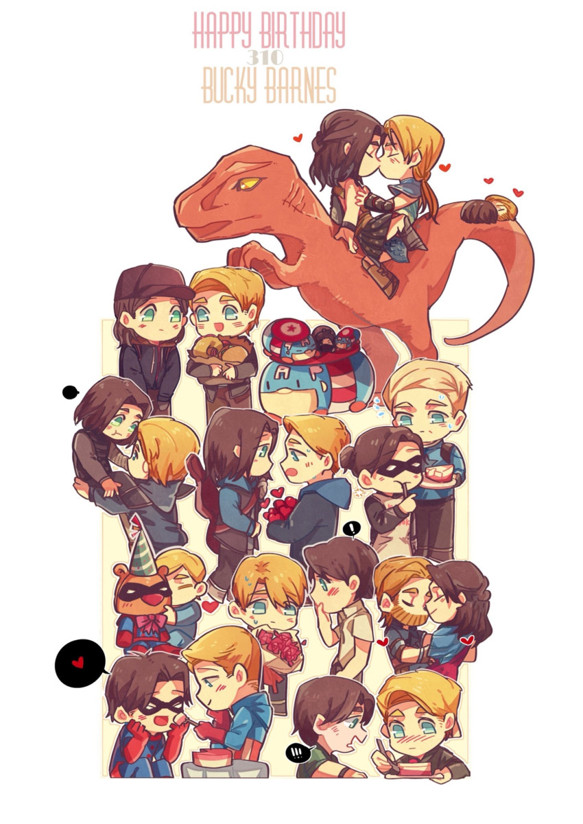 6+boys armor baseball_cap beard blonde_hair blue_eyes blush bouquet brown_hair cake captain_america captain_america:_civil_war captain_america:_the_first_avenger captain_america:_the_winter_soldier captain_america_(series) character_doll chibi dated dinosaur domino_mask facial_hair food guitar_case hair_bun half_updo happy_birthday hat heart highres hood hoodie instrument_case james_buchanan_barnes long_hair male_focus marvel marvel_cinematic_universe mask multiple_boys multiple_persona pickieeeee ponytail robe steve_rogers stuffed_animal stuffed_toy superhero teddy_bear tsum-tsum winter_soldier yaoi