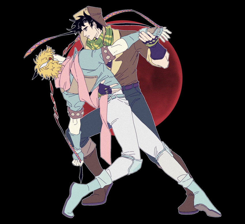 2boys battle_tendency black_hair blonde_hair blue_jacket bomber_hat bomber_jacket boots caesar_anthonio_zeppeli dancing denim fingerless_gloves fur_hat gloves green_scarf hat highres jacket jeans jojo_no_kimyou_na_bouken joseph_joestar joseph_joestar_(young) knee_boots knee_pads male_focus multiple_boys pants pickieeeee pink_scarf scarf striped striped_scarf tango ushanka