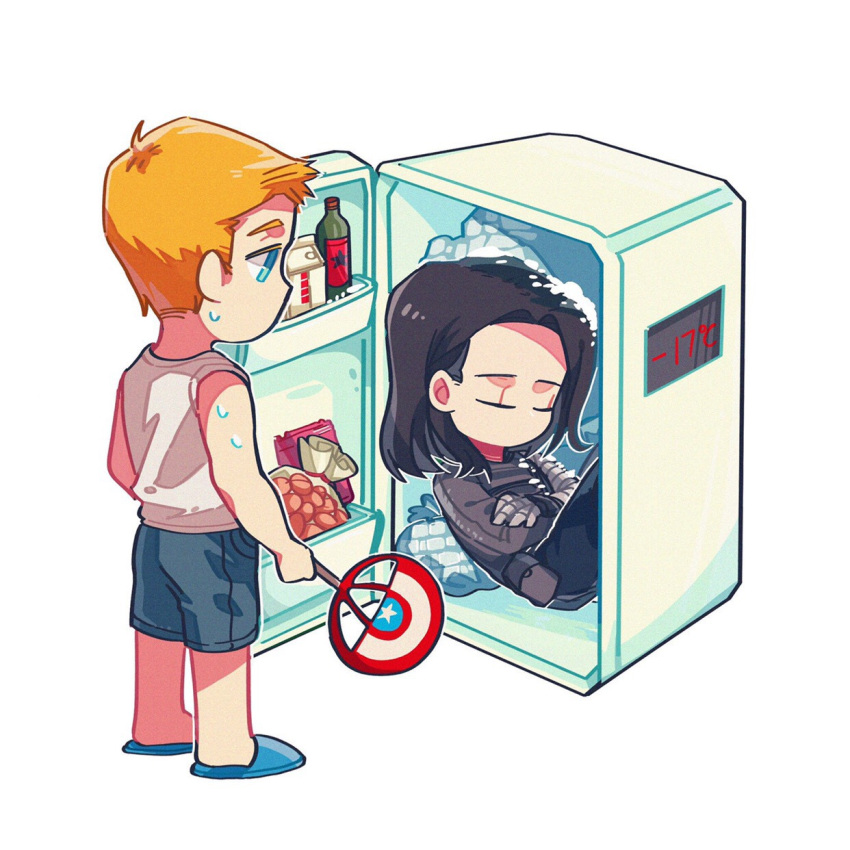 2boys blonde_hair brown_hair captain_america:_the_winter_soldier captain_america_(series) chibi hand_fan highres james_buchanan_barnes male_focus marvel marvel_cinematic_universe mechanical_arms multiple_boys paper_fan pickieeeee refrigerator shorts single_mechanical_arm sleeping slippers steve_rogers sweat tank_top uchiwa winter_soldier