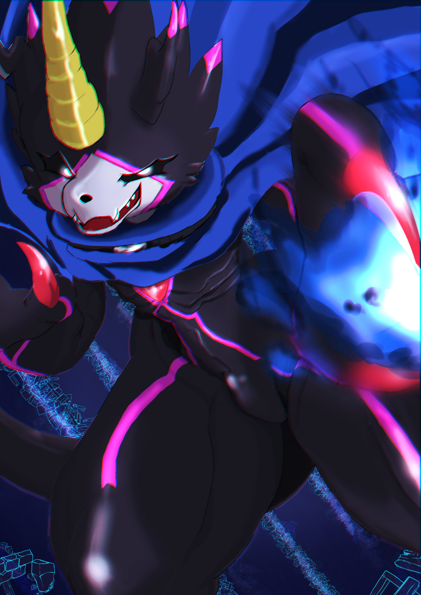 absurd_res anthro bandai_namco black_body black_claws black_sclera blue_fire cape claws clothing colored_fire digimon digimon_ghost_game evil_grin fire grusgammamon hi_res horn male mofumi_corvus sharp_teeth smile solo teeth