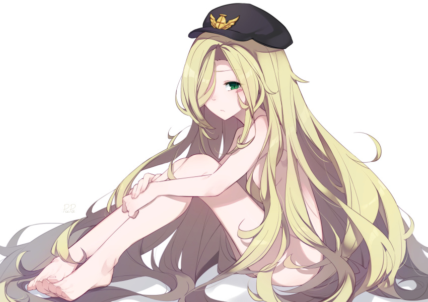 1girl absurdly_long_hair absurdres artist_name black_headwear black_souls blonde_hair breasts chinese_commentary closed_mouth completely_nude eyebrows_visible_through_hair eyes_visible_through_hair feet frown green_eyes hair_censor hair_over_one_eye hat highres legs_together long_hair looking_at_viewer nude own_hands_together pupa_jiang rapunzel_(black_souls) shadow simple_background sitting small_breasts solo toenails very_long_hair white_background