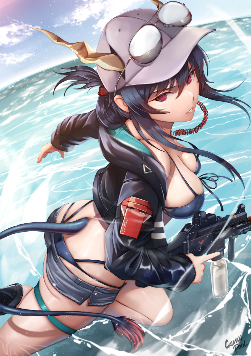 1girl absurdres arknights artist_name ass baseball_cap bikini bikini_under_clothes black_bikini black_footwear black_hair black_jacket breasts caiman_pool ch'en_(arknights) ch'en_the_holungday_(arknights) cleavage dragon_girl dragon_horns dragon_tail eyewear_on_head folded_ponytail from_side grey_shorts hat highres holding holding_weapon horns horns_through_headwear jacket large_breasts long_sleeves looking_at_viewer looking_to_the_side ocean parted_lips red_eyes running short_shorts shorts skindentation smile solo sunglasses swimsuit tail thigh_strap trigger_discipline v-shaped_eyebrows water water_gun weapon white_headwear