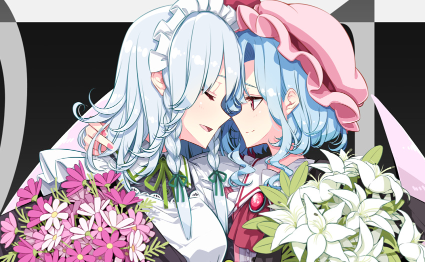 2girls :d alternate_costume bat_wings black_footwear blue_hair bouquet bow braid closed_eyes commentary_request daisy dress flower foot_out_of_frame green_bow hair_bow hair_ribbon hat high_heels izayoi_sakuya long_hair looking_at_another mob_cap multiple_girls open_mouth pink_dress pink_flower profile red_eyes red_footwear remilia_scarlet ribbon sakuraba_yuuki side_braids silver_hair smile touhou tress_ribbon valentine white_flower wings yuri
