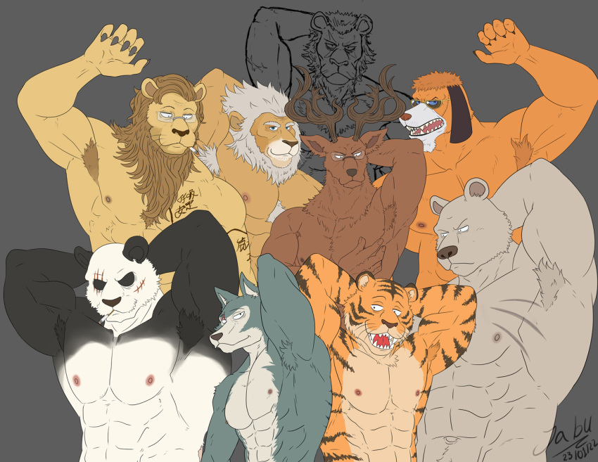 2022 abs anthro antlers arm_tattoo armpit_hair beastars biceps bill_(beastars) black_and_white_fur body_hair brown_body chest_tattoo cigarette cigarette_in_mouth claws clay_calloway_(sing) dolph_(beastars) duke_dogstorm eye_scar eyewear facial_scar flexing glasses gouhin grey_body group horn ibuki_(beastars) jabuhusky legoshi_(beastars) male muscular muscular_anthro muscular_male nipples oguma_(beastars) one_piece orange_body pecs riz_(beastars) scar shirtless simple_background stripes tattoo whiskers