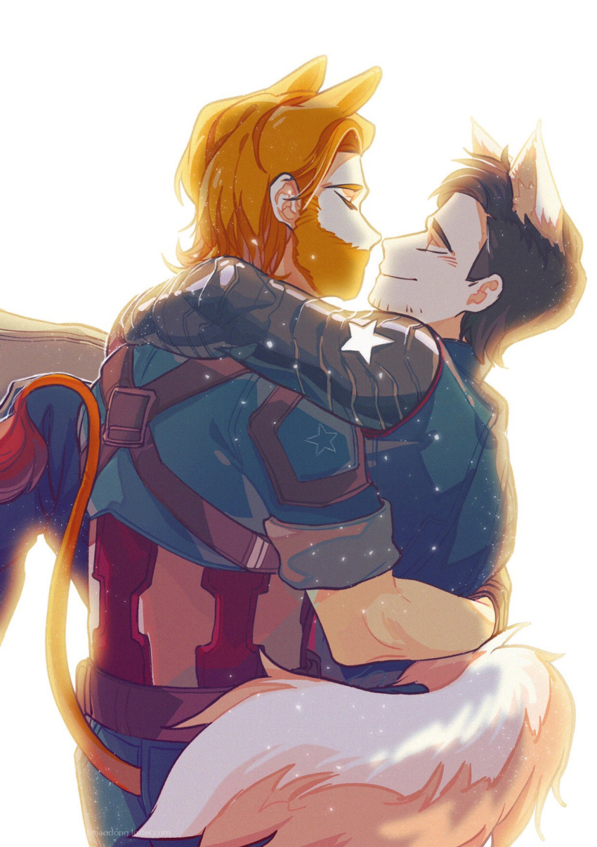 2boys animal_ears avengers:_infinity_war avengers_(series) backlighting beard blonde_hair brown_hair captain_america captain_america_(series) carrying cyborg facial_hair highres james_buchanan_barnes lion_ears lion_tail male_focus marvel marvel_cinematic_universe mechanical_arms multiple_boys pickieeeee princess_carry short_hair single_mechanical_arm sleeves_rolled_up smile steve_rogers stubble superhero tail winter_soldier wolf_ears wolf_tail