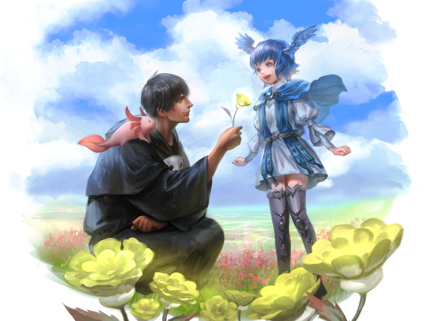 1boy 1girl animal_on_shoulder axolotl belt bird_legs bird_wings black_hair black_robe blue_capelet blue_dress blue_eyes blue_hair brooch capelet clenched_hand cloud cloudy_sky commentary dress eye_contact feathered_wings final_fantasy final_fantasy_xiv flower from_side full_body giving grass head_wings hermes_(ff14) highres holding holding_flower hood hood_down hooded_robe jewelry looking_at_another mask mask_removed meadow meteion mixed-language_commentary one_knee open_mouth outdoors short_hair sky smile standing wings yellow_flower youki_(3800869)