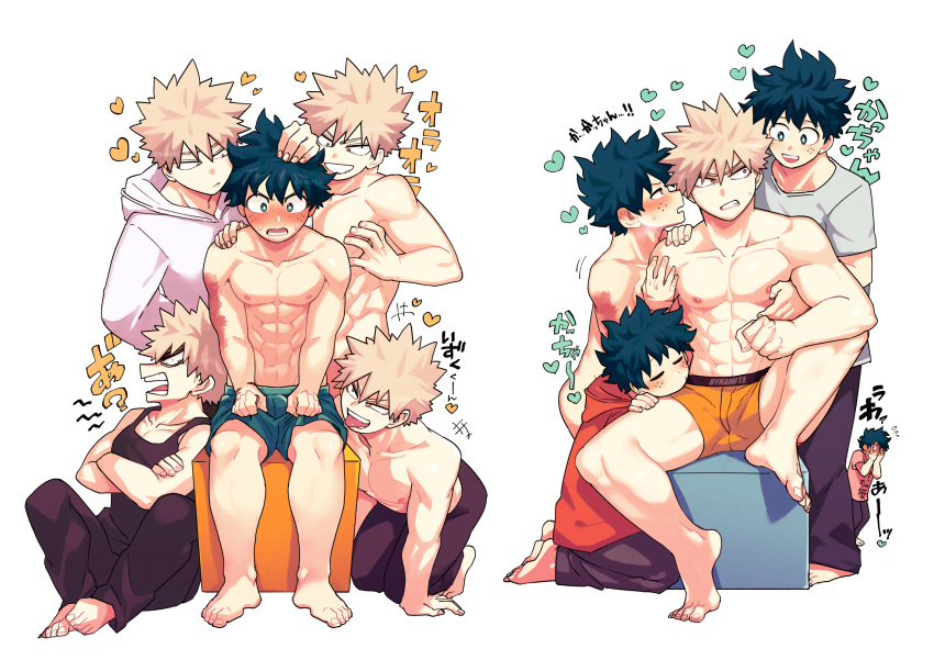 2boys abs angry bakugou_katsuki bangs bara barefoot black_pants black_tank_top blonde_hair blush boku_no_hero_academia boxer_briefs closed_mouth green_eyes green_hair green_male_underwear grey_hoodie grey_shirt heart highres hood hood_down hoodie kneeling large_pectorals looking_at_another male_focus male_underwear midoriya_izuku multiple_boys muscular muscular_male navel nipples open_mouth orange_male_underwear pants pectorals red_eyes red_hoodie scar scar_on_arm shirt short_hair sitting smile spiked_hair tank_top teeth tongue tongue_out translation_request underwear yaoi yazakc