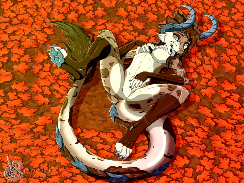 anthro breasts brown_body brown_hair dragon female hair horn leia_(blutroyale93) out pawpads paws red_body snaketeeth12 solo tan_body tongue