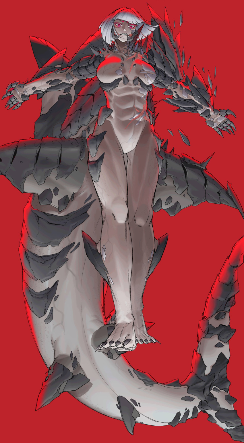 1girl abs absurdres alvin_(vier) claws dorsal_fin fingernails fins fish_tail highres looking_at_viewer looking_down maneater_(game) monster_girl outstretched_arms red_background red_eyes scar shark_girl shark_tail sharp_fingernails sharp_teeth sharp_toenails short_hair spikes spines spread_arms tail teeth toenails webbed_hands white_hair