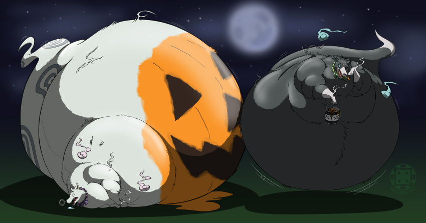 2019 absurd_res belly big_belly bodily_fluids bodypaint brush bubble canid canine canis cloud dino.d.dice domestic_dog drooling duo eyes_closed feral floating ghost hakubi halloween hi_res holidays hyper hyper_belly jack-o'-lantern jewelry kekkaishi levitation madarao_(kekkaishi) male mammal moon necklace necklace_only night nude obese obese_feral obese_male one_eye_closed open_mouth overweight overweight_feral overweight_male paint_bucket paintbrush prank saliva sleeping snot snot_bubble spirit star trying_not_to_laugh wolf