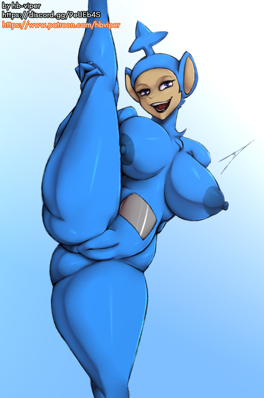 2020 antennae_(anatomy) areola big_areola big_breasts blue_background blue_body blue_eyes blue_fur breast_squish breasts curvy_figure digital_media_(artwork) eyelashes fan_character female fingers fur genitals hb-viper hi_res huge_breasts humanoid lips looking_at_viewer markings mole_(marking) multicolored_body nipples not_furry nude open_mouth pussy raised_leg signature simple_background slendytubbies smile solo squish standing tan_body tan_skin teeth teletubby thick_thighs tongue two_tone_body voluptuous wide_hips