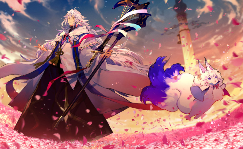1boy animal cloud commentary_request fate/grand_order fate_(series) field floating floating_object flower flower_field fou_(fate) holding holding_staff hood hood_down long_hair looking_away male_focus merlin_(fate) nozaki_tsubata open_mouth outdoors petals purple_eyes red_ribbon revision ribbon robe sky smile solo staff standing tower white_hair