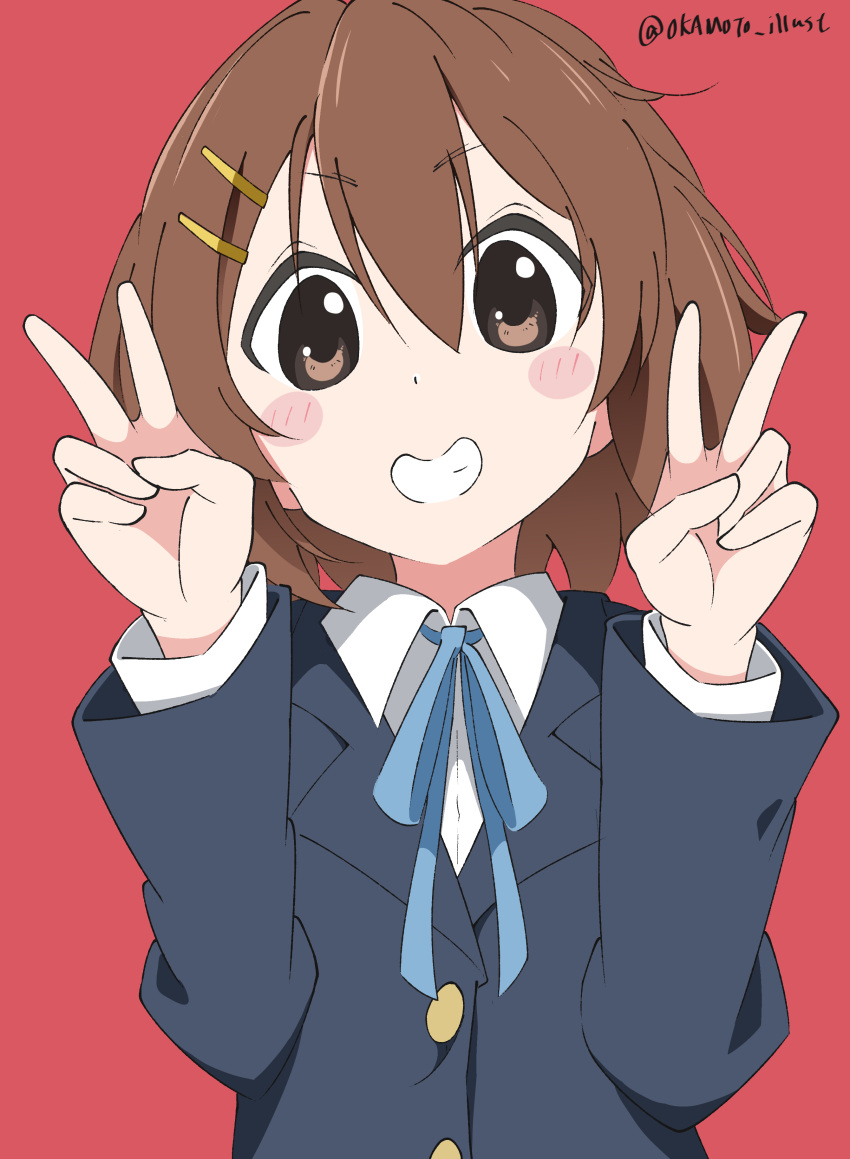 1girl absurdres bangs blue_jacket blue_ribbon blush_stickers brown_eyes brown_hair collared_shirt commentary double_v grin hair_between_eyes hands_up highres hirasawa_yui jacket k-on! long_sleeves looking_at_viewer neck_ribbon red_background ribbon sakuragaoka_high_school_uniform school_uniform shirt short_hair simple_background smile solo teeth twitter_username upper_body v white_gorilla_(okamoto) white_shirt