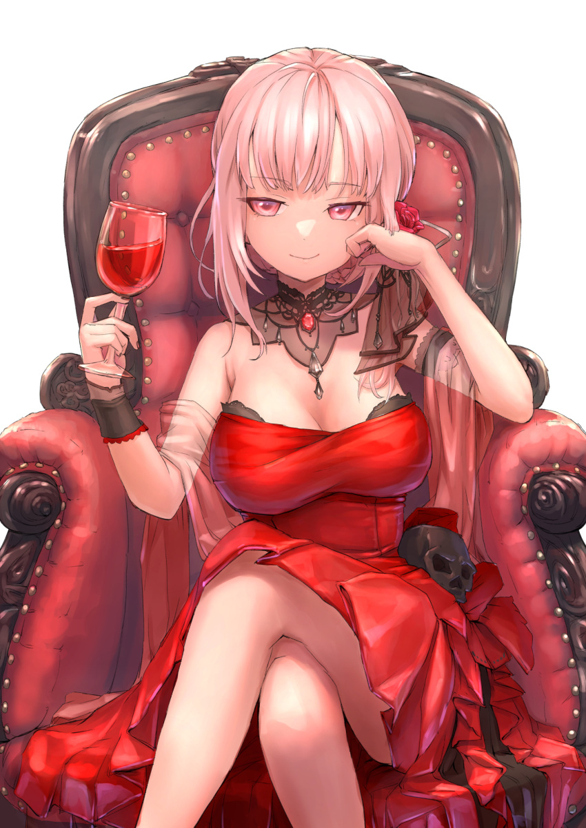 1girl bangs bare_arms blunt_bangs breasts chair choker cleavage closed_mouth crossed_legs cup dress eyebrows_visible_through_hair eyelashes flower hair_flower hair_ornament highres holding holding_cup hololive hololive_english large_breasts long_hair looking_at_viewer mitsuru_(pixiv_34028718) mori_calliope pink_eyes pink_hair red_dress red_flower red_rose rose ruby_(gemstone) sash shiny shiny_hair simple_background sitting skull smile solo strapless strapless_dress virtual_youtuber white_background