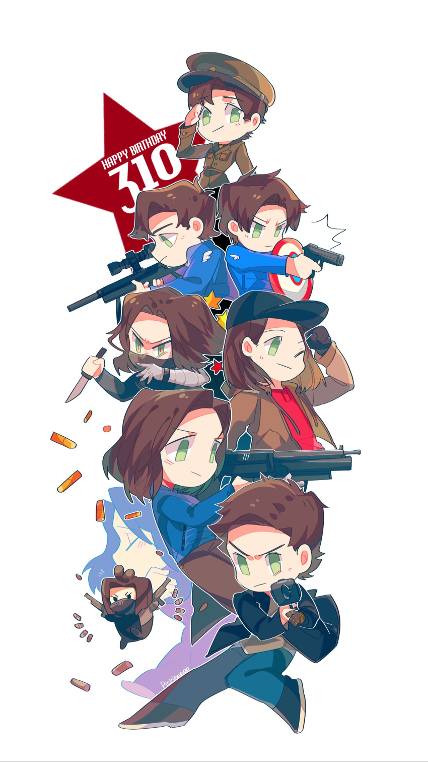 6+boys absurdres age_progression avengers:_endgame avengers:_infinity_war avengers_(series) baseball_cap blue_eyes blue_jacket brown_hair bullet captain_america:_civil_war captain_america:_the_first_avenger captain_america:_the_winter_soldier captain_america_(series) casual chibi dated green_eyes gun handgun happy_birthday hat highres jacket james_buchanan_barnes knife long_hair male_focus marvel marvel_cinematic_universe mask mechanical_arms military military_uniform multiple_boys multiple_persona pickieeeee reverse_grip rifle salute shield short_hair single_mechanical_arm sniper_rifle star_(symbol) superhero the_falcon_and_the_winter_soldier tsum-tsum uniform weapon