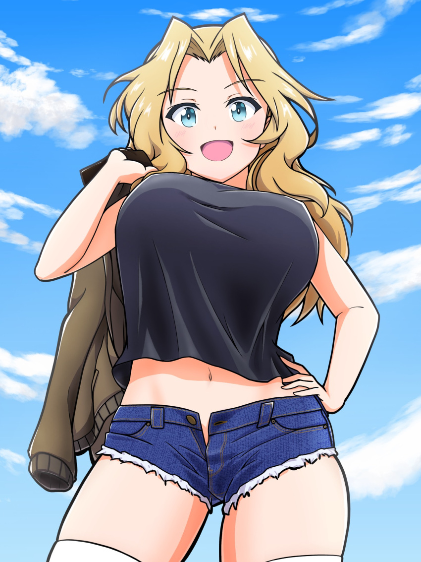 1girl bangs black_shirt blonde_hair blue_eyes blush breasts contrapposto covered_nipples cowboy_shot crop_top crop_top_overhang cutoffs denim denim_shorts eyebrows_visible_through_hair forehead from_below girls_und_panzer hachiko_(kota091986) hair_intakes hand_on_hip highres jacket jacket_over_shoulder jacket_removed kay_(girls_und_panzer) large_breasts long_hair looking_at_viewer midriff navel open_fly open_mouth parted_bangs shirt short_shorts shorts sky smile thighhighs thighs unzipped