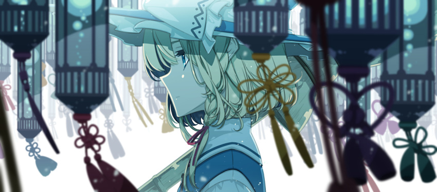 1girl bangs black_headwear blonde_hair blue_eyes bow braid broom closed_mouth commentary_request eyelashes frilled_bow frills from_side hair_ribbon hat hat_bow hat_ribbon holding holding_broom looking_afar looking_to_the_side red_ribbon ribbon sakuraba_yuuki short_hair_with_long_locks single_braid solo standing tassel touhou tress_ribbon upper_body white_bow white_ribbon witch_hat
