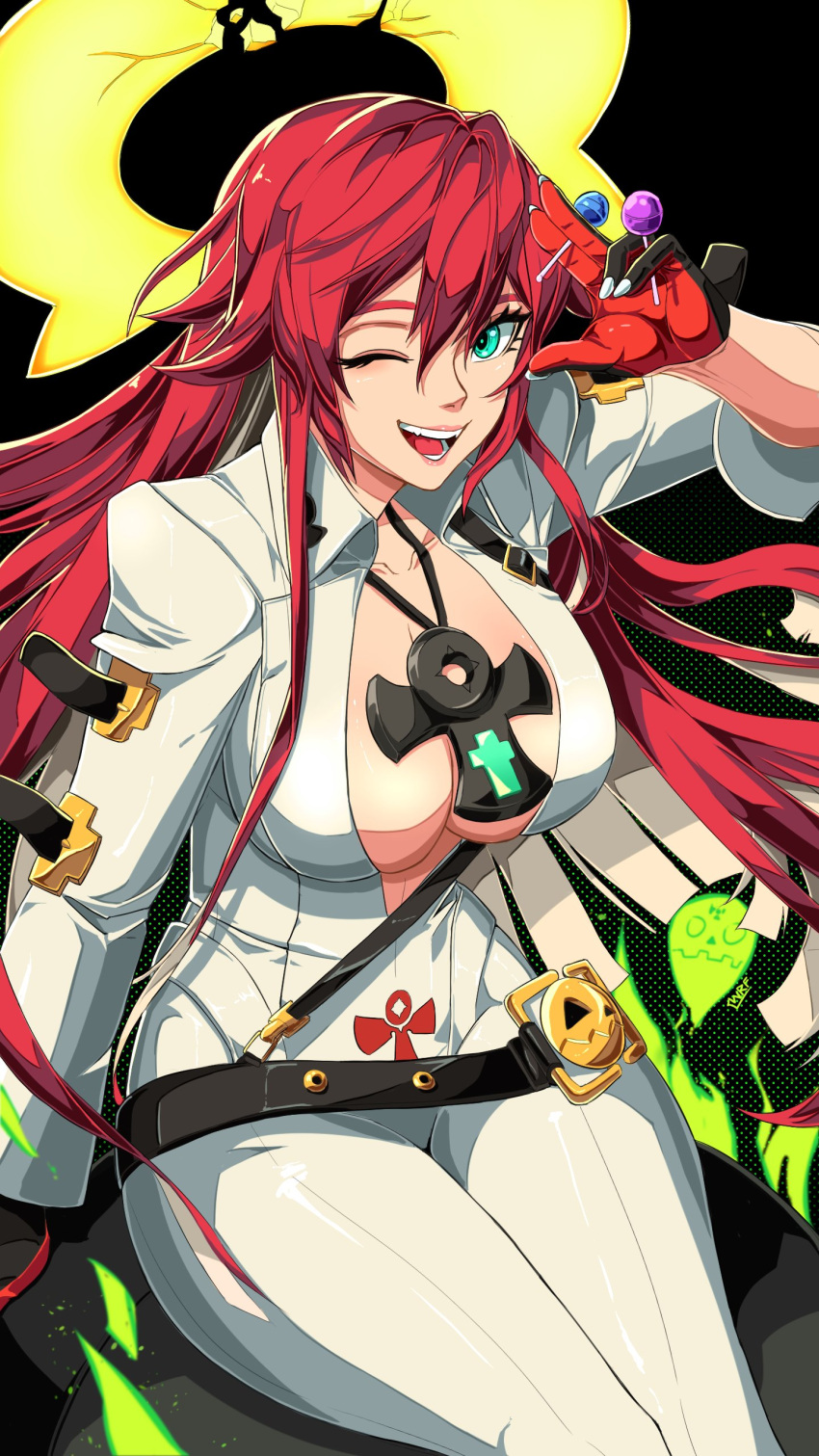 1girl absurdres ankh ankh_necklace bangs belt black_background breasts broken_halo buckle candy cleavage collarbone food gloves green_eyes guilty_gear guilty_gear_strive hair_between_eyes halo highres jack-o'_valentine jumpsuit large_breasts lollipop long_hair multicolored_hair one_eye_closed plunging_neckline red_hair simple_background sitting solo two-tone_hair upper_body warfakaid white_hair