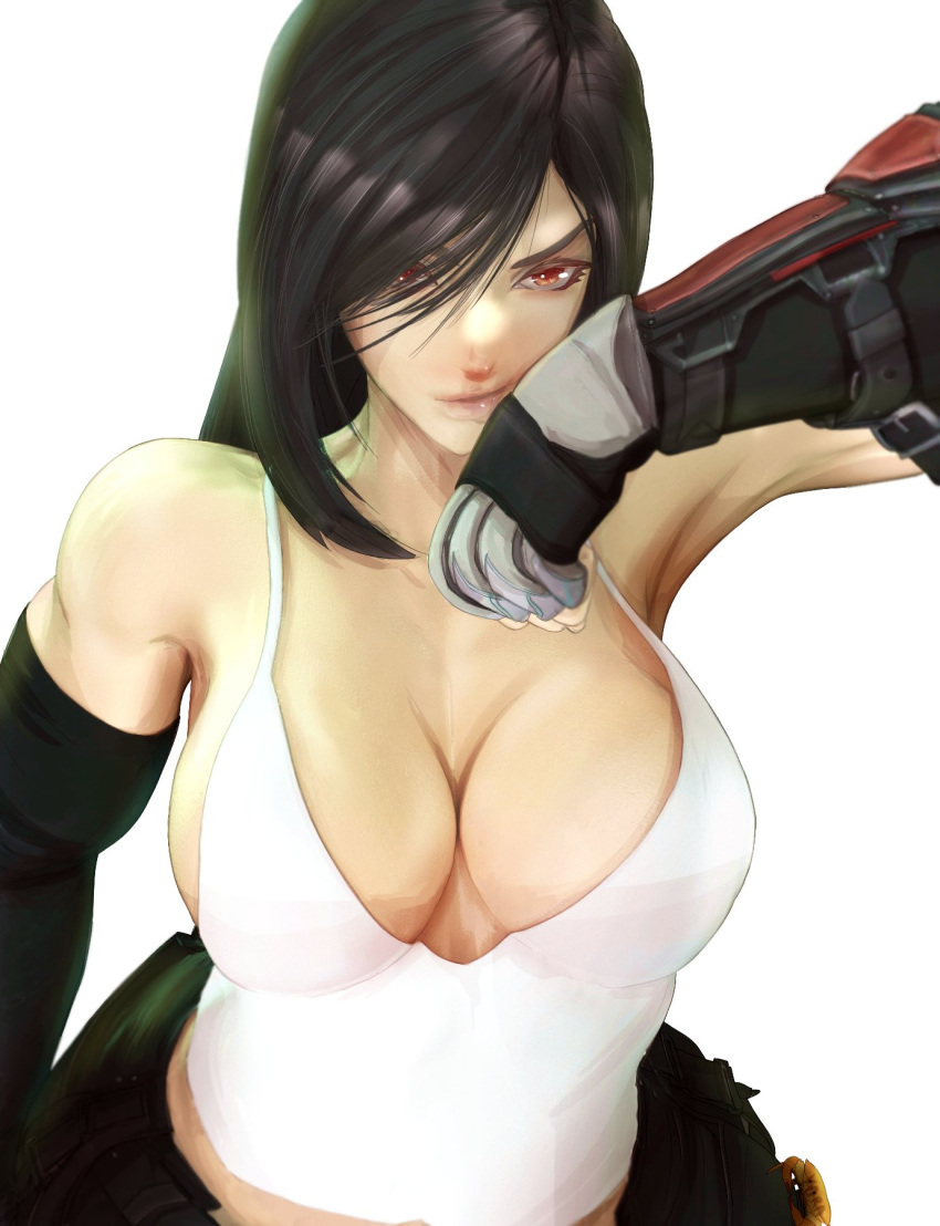 1girl armor black_gloves black_hair breasts cleavage earrings elbow_gloves final_fantasy final_fantasy_vii final_fantasy_vii_remake gloves highres jewelry large_breasts long_hair looking_at_viewer red_eyes stormyorha tank_top tifa_lockhart white_tank_top