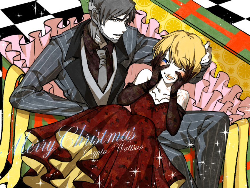 1boy 1girl apex_legends black_gloves black_hair blonde_hair blue_eyes blush breasts cleavage collarbone collared_shirt crypto_(apex_legends) dress elbow_gloves eyebrows_visible_through_hair formal gloves grey_jacket grey_pants grey_vest hands_on_own_face highres jacket jewelry medium_breasts merry_christmas mozuwaka necklace one_eye_closed pants red_dress red_shirt shirt smile suit v-shaped_eyebrows vest wattson_(apex_legends)