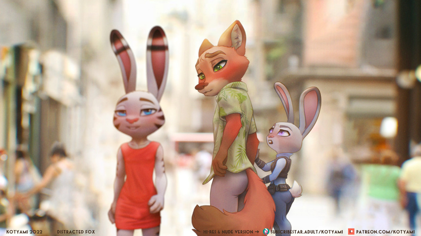 2022 4_fingers angry anthro belt blue_eyes blurred_background blush bottomwear bulge canid canine clothed clothing crossdressing digital_media_(artwork) disney distracted distracted_boyfriend dress english_text facial_markings female fingers fox fur girly green_eyes grey_body grey_fur group hand_holding head_markings hi_res humor infidelity jack_savage jealous judy_hopps kotyami lagomorph legwear leporid looking_at_another looking_at_viewer looking_back male mammal markings meme nick_wilde open_mouth orange_body orange_fur outside pants purple_eyes rabbit red_clothing red_dress shirt smile street teeth text topwear trio turned_around url walking wallpaper zootopia